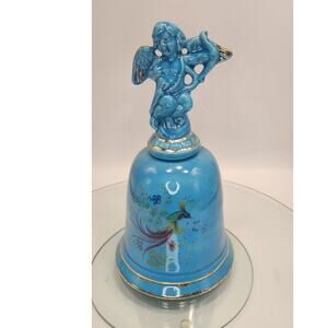 Handmade Blue with gold accent Cherub Bell with Bird‎ on Bell. Approx 10" Tall